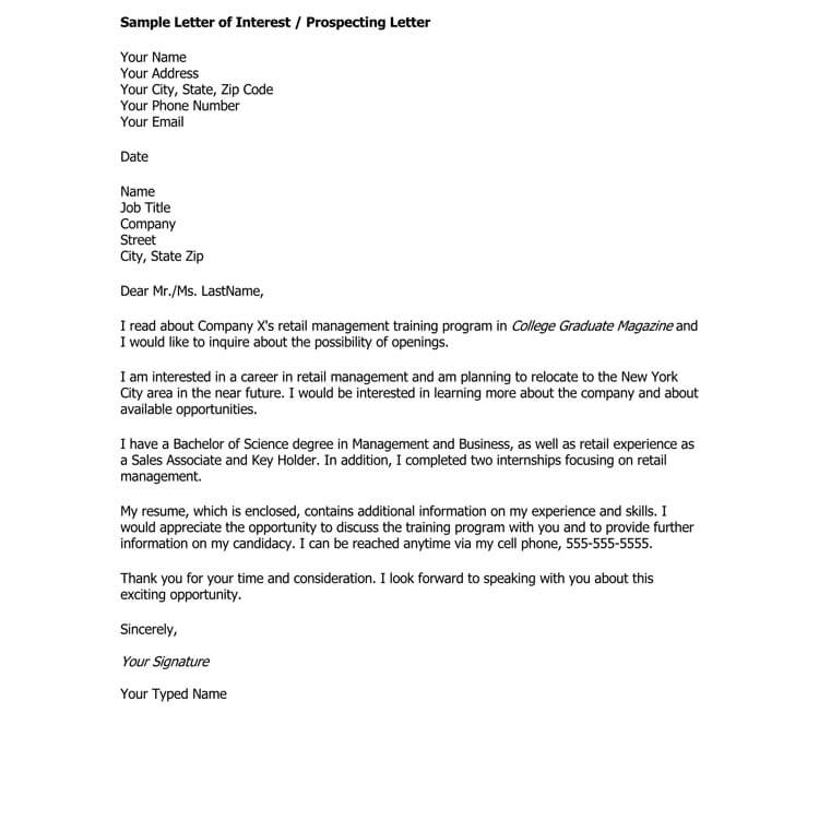 letter of interest for a job