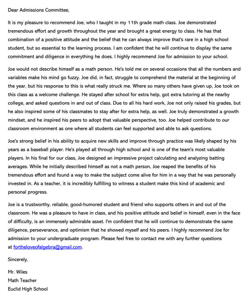 letter of recommendation for college admission