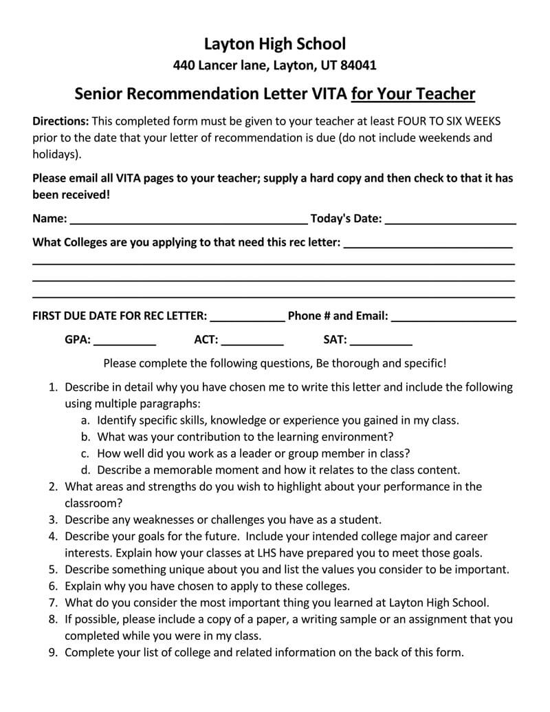 letter of recommendation for high school teacher