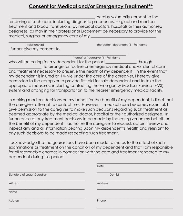 Printable Medical Consent Form For Minor While Parents Are Away