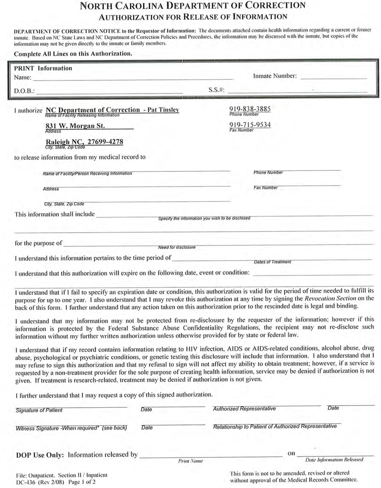 North Carolina Medical Records Release Form Format