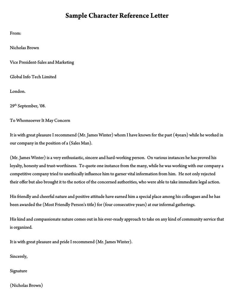 Printable character reference letter form example