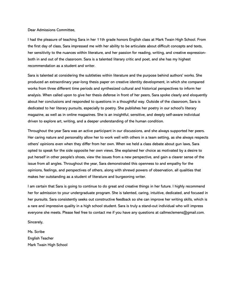 Letter Of Recommendation For A Student From A Teacher from www.wordtemplatesonline.net