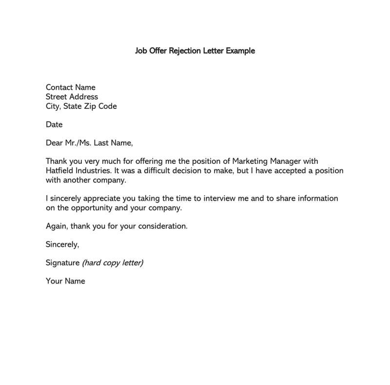 Job Offer Rejection Letter Sample from www.wordtemplatesonline.net