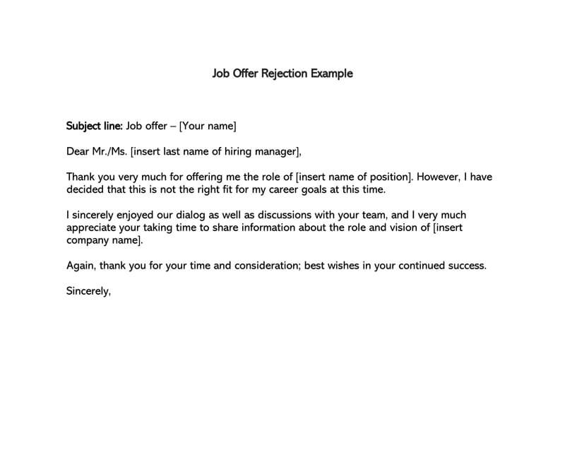 Formal Rejection Letter To Decline Job Offer Email Examples