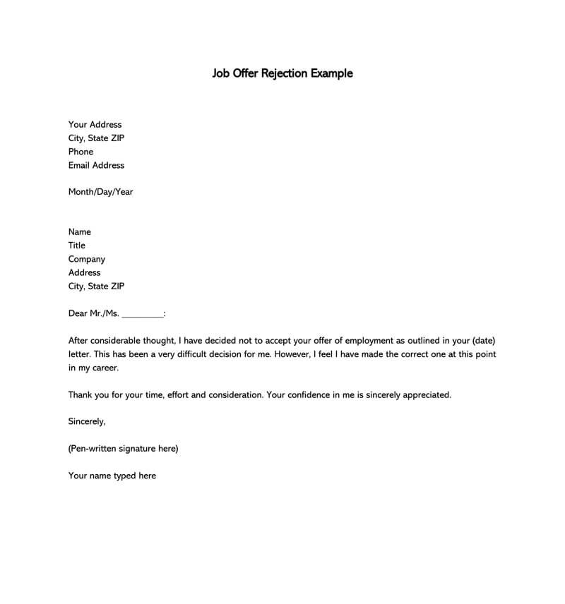 Formal Rejection Letter To Decline Job Offer Email Examples