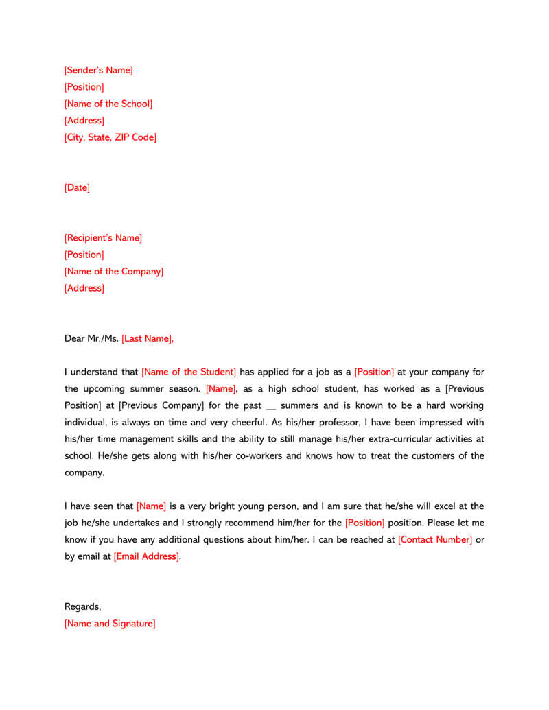 sample letter of recommendation for high school student