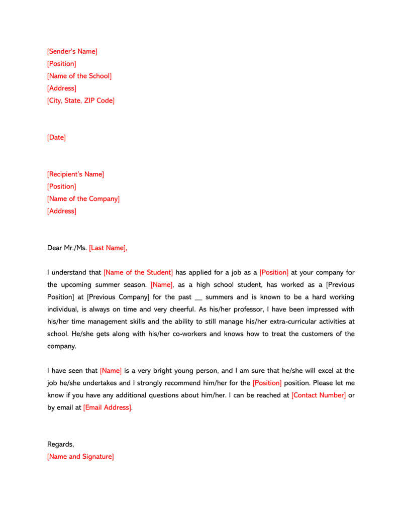 high school resume template for recommendation letter