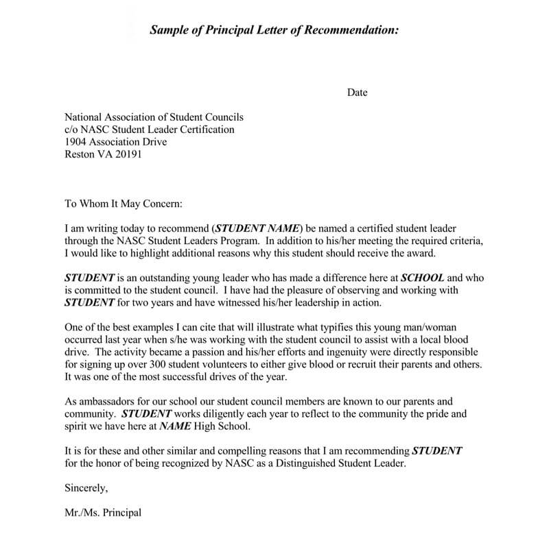 sample recommendation letter for high school student from principal
