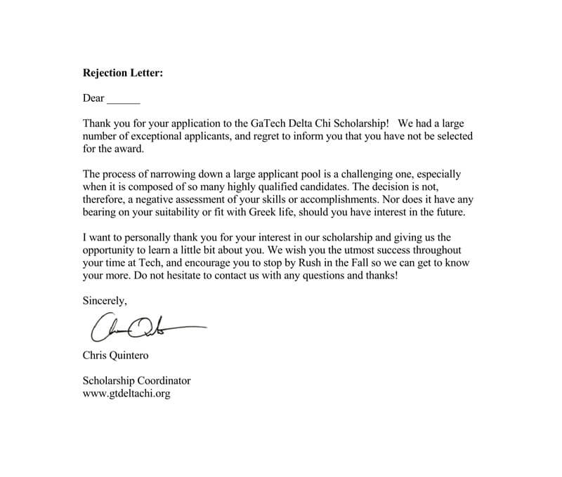 Scholarship rejection letter example for Word