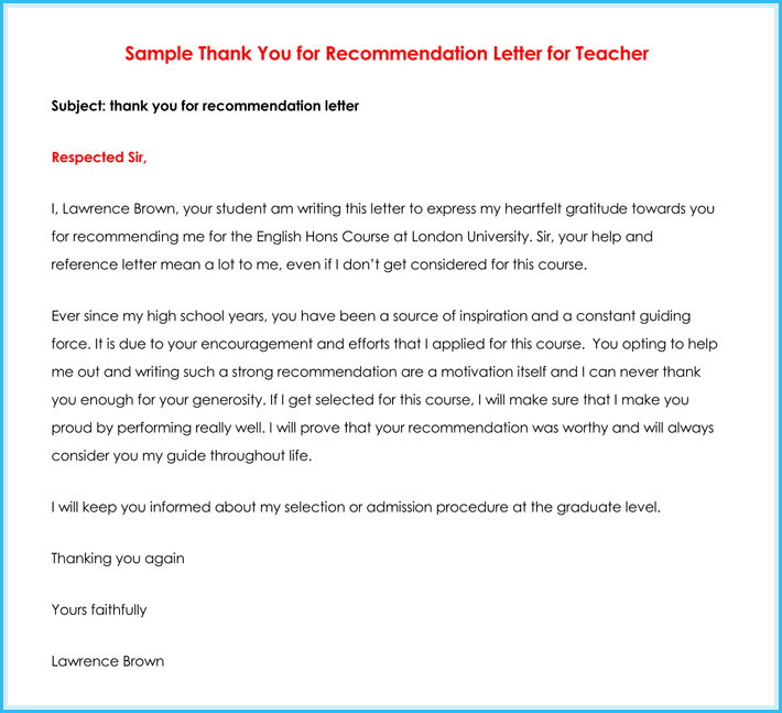 Sample Of Recommendation Letter From Teacher To Student