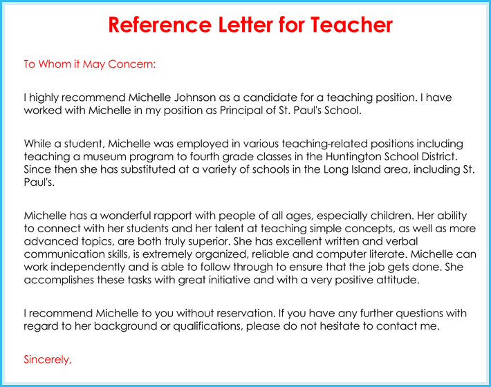 Reference Letter From Teacher