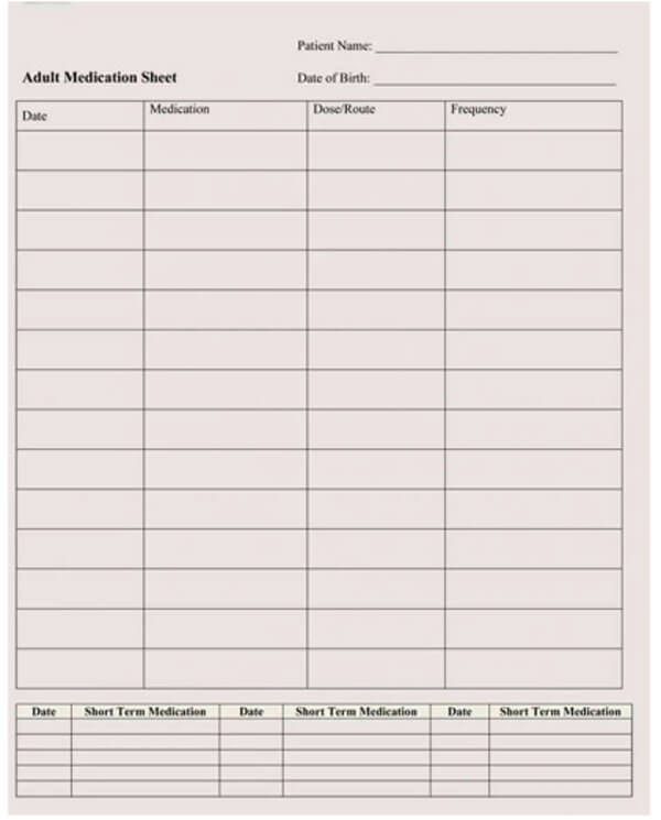 Adult Medication Sample Sheet