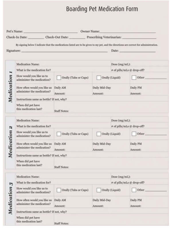 Boarding Medication Sample Sheet