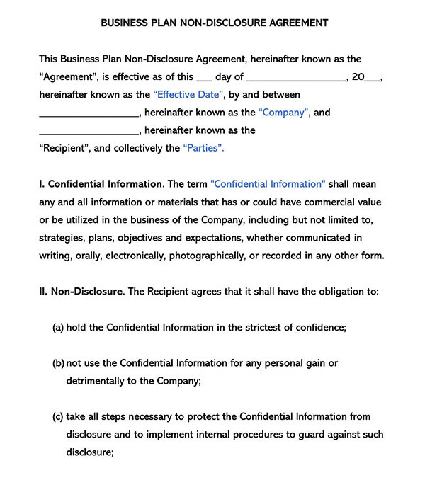Business Plan Non-Disclosure Agreement