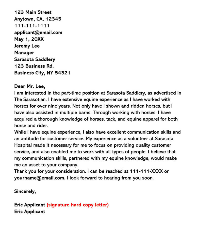 sample of application letter for part time job