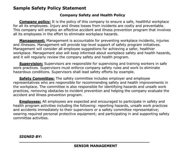 Employee Safety Policy Statement Example