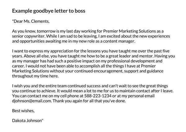 Example Goodbye Letter to Boss