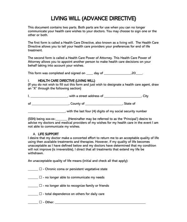 Living Will Form (Advance Directive)