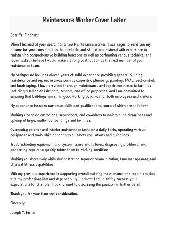 Cover Letter for Maintenance Jobs (Samples & Examples)