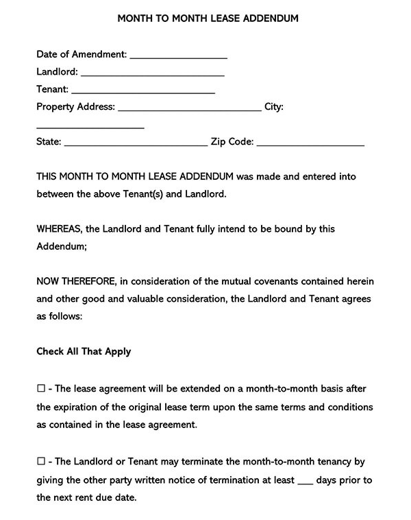 Month to Month Lease Addendum Template