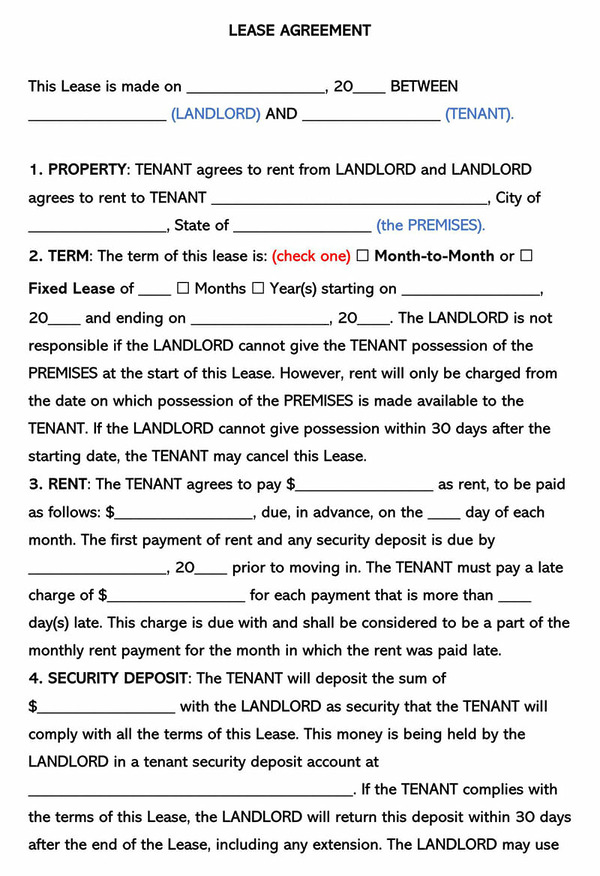 One 1 Page Residential Lease Agreement Template