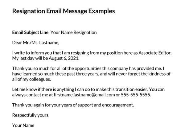 Resignation Email Message Example