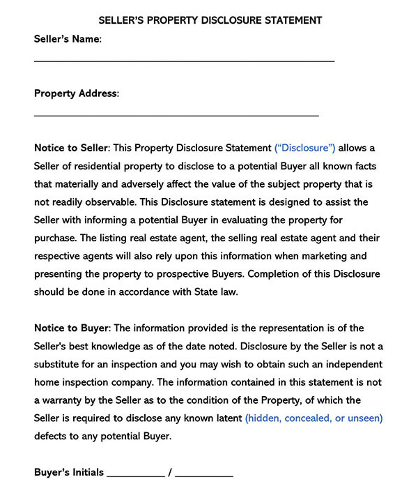 Sellers Property Disclosure Statement Template