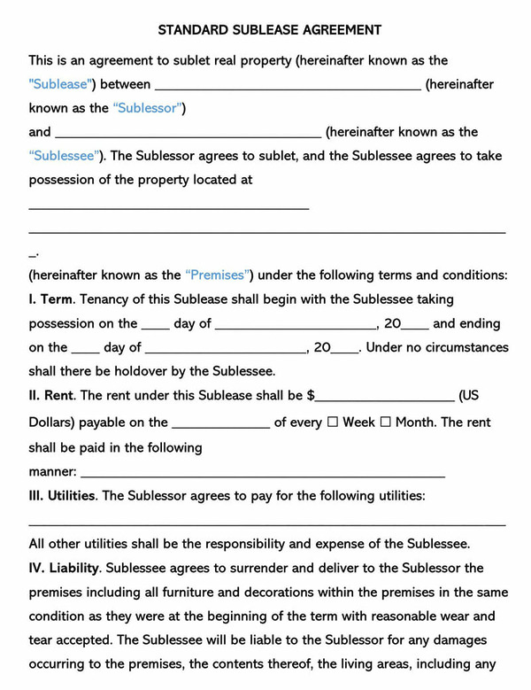 Standard Sublease Agreement Template