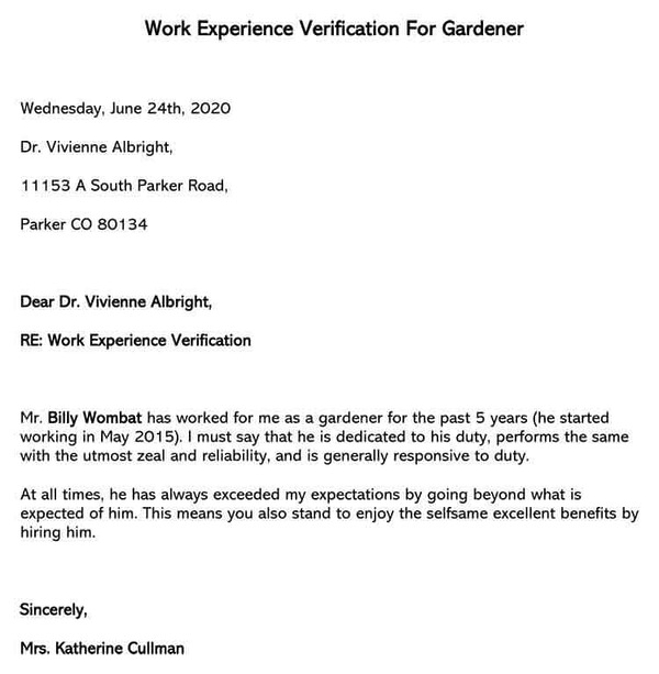 Work Experience Verification Letter for Gardener Sample