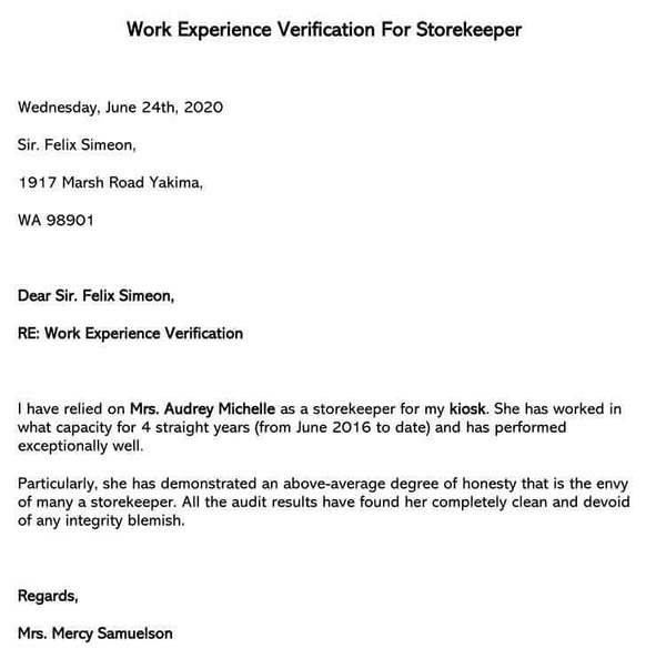 Work Experience Verification Letter for Storekeeper Sample